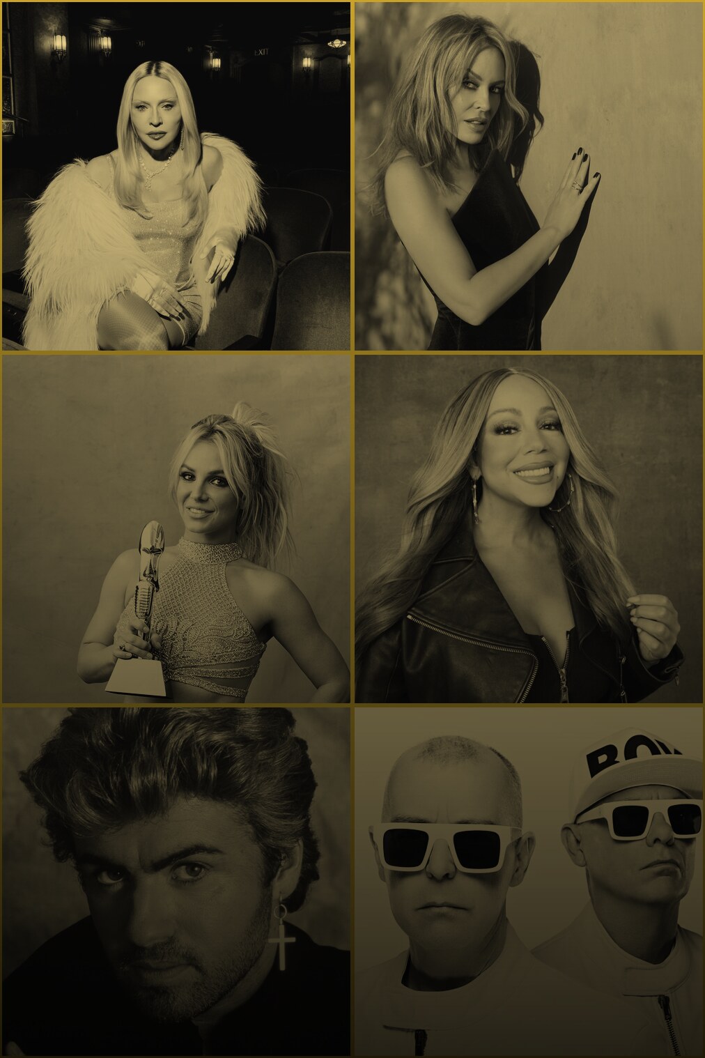Gold-toned portraits of Madonna, Kylie Minogue, Britney Spears, Mariah Carey, George Michael and Pet Shop Boys