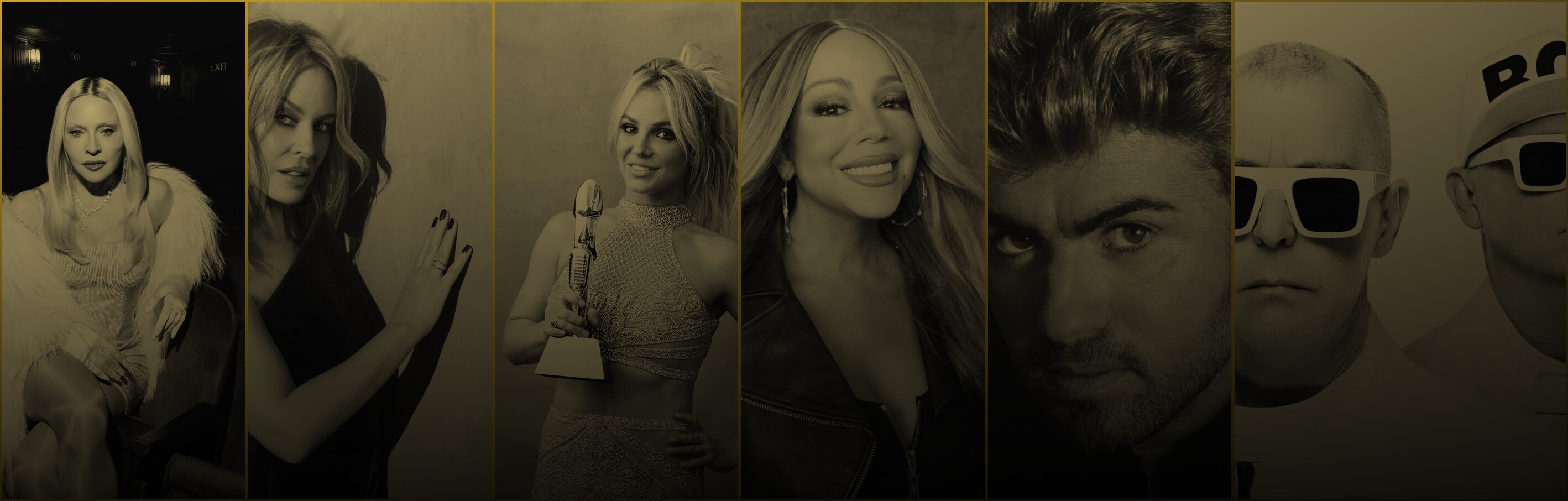 Gold-toned portraits of Madonna, Kylie Minogue, Britney Spears, Mariah Carey, George Michael and Pet Shop Boys