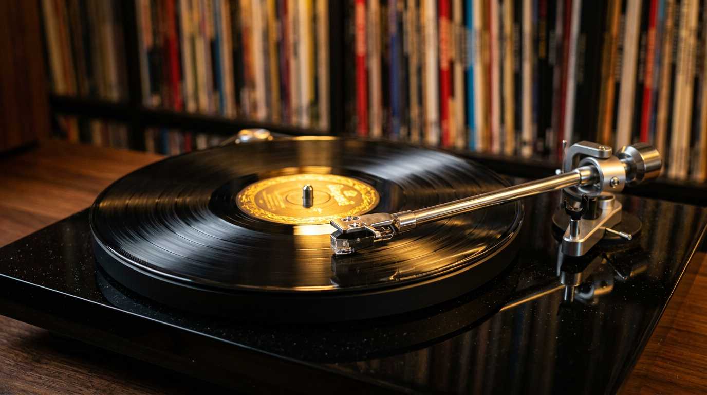 A turntable playing a gold-label record, with a wall of vinyl behind